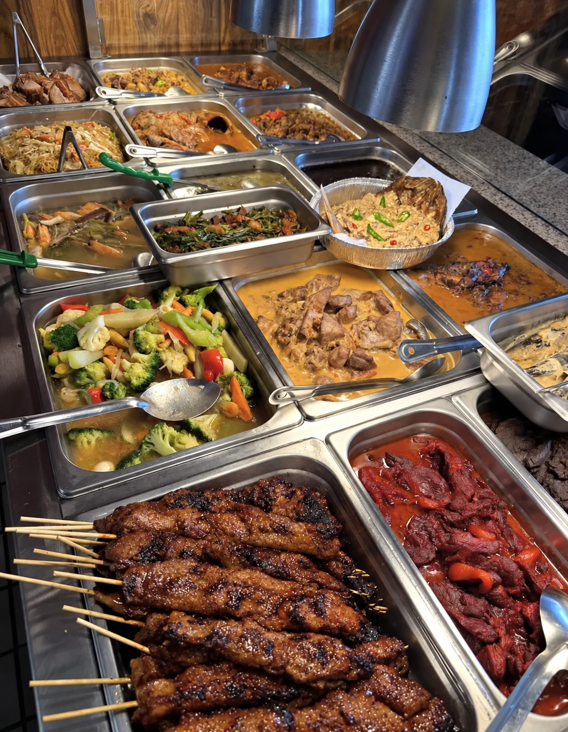 The hot-food counter at Filipino Foodmart with prepared dishes and barbecue skewers