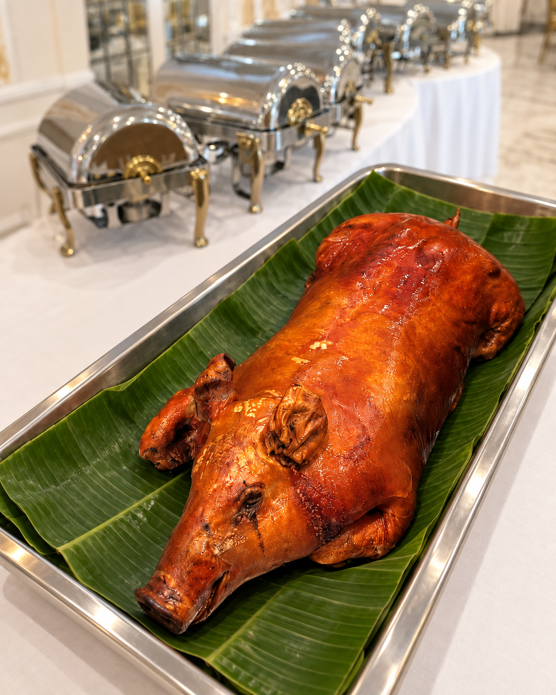 Whole Lechon Cebu presented on banana leaves