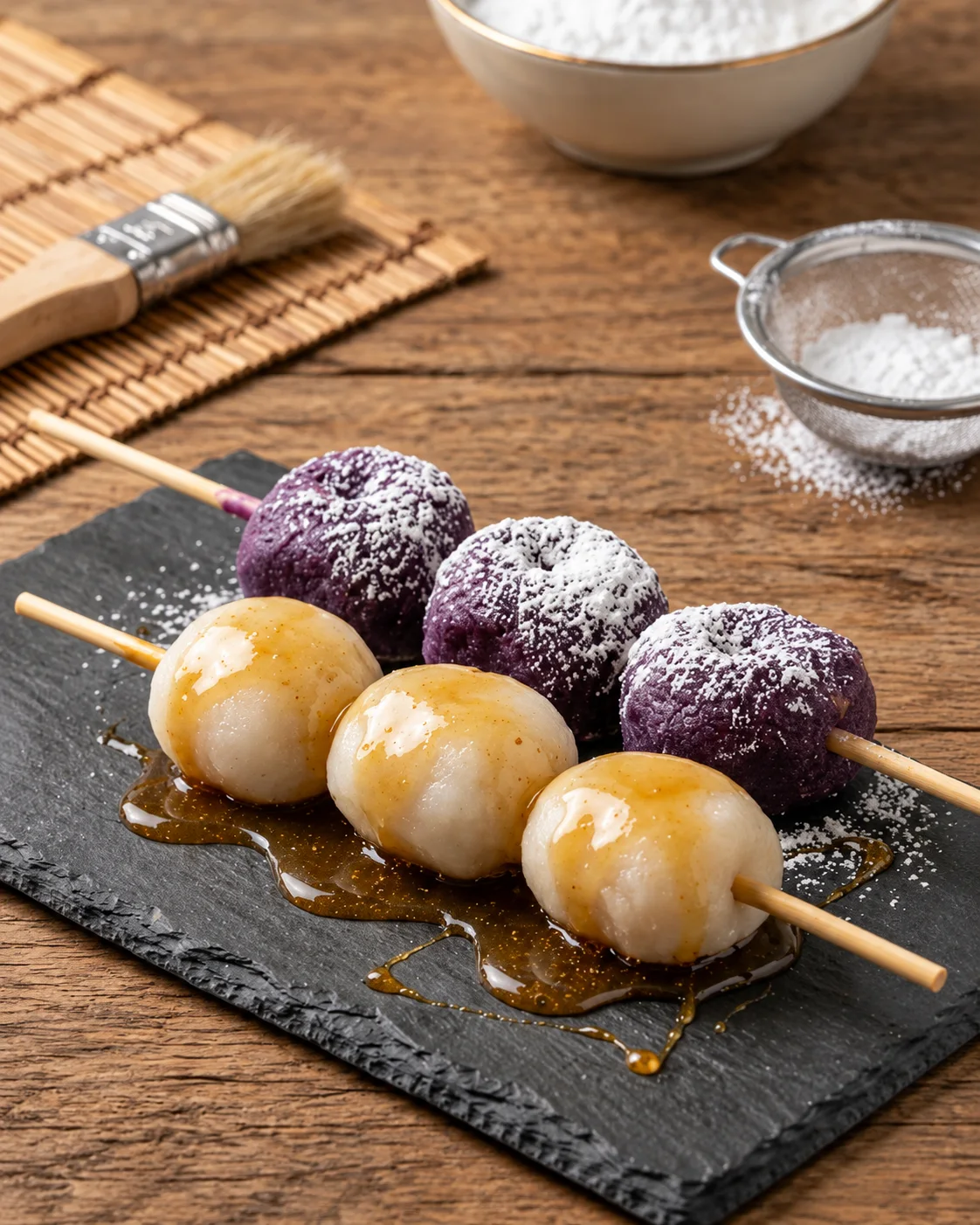 Golden and purple carioca on skewers