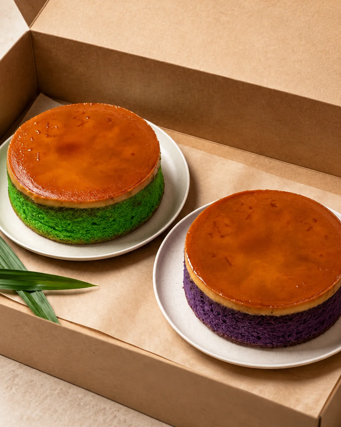 Ube and pandan cakes topped with caramel flan