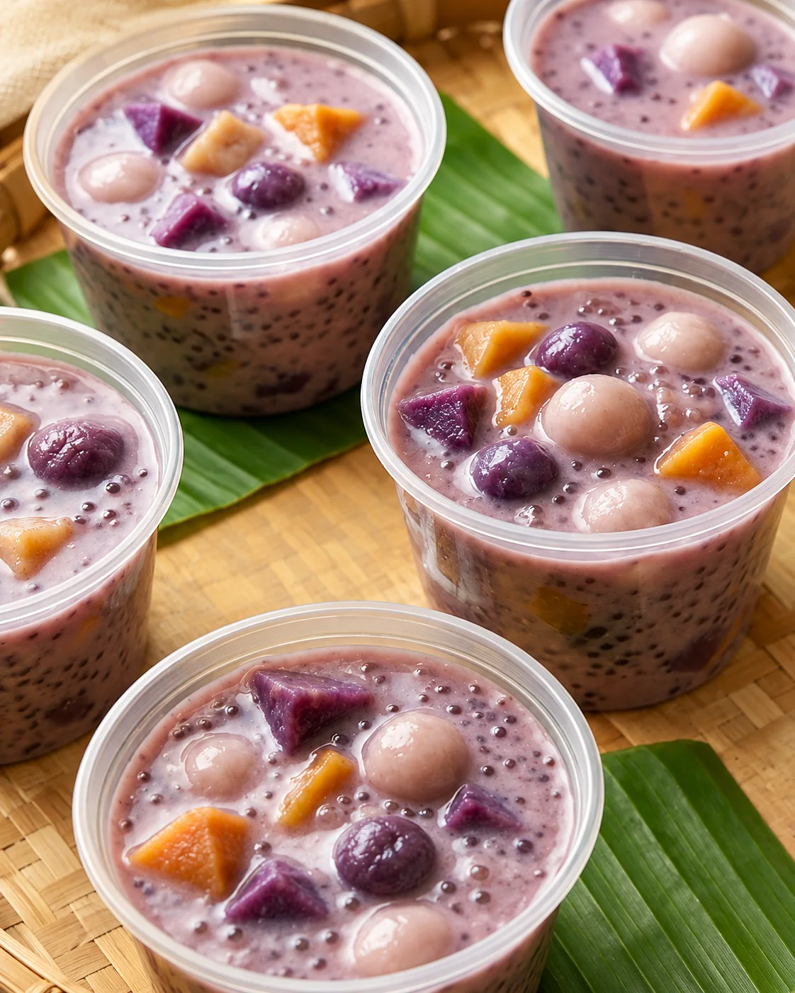 Cups of ginataang bilo-bilo with rice balls