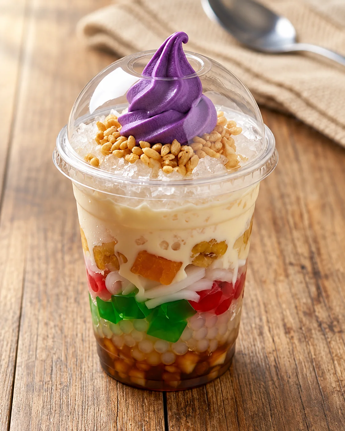Halo-halo with colorful sweets, shaved ice and purple soft serve
