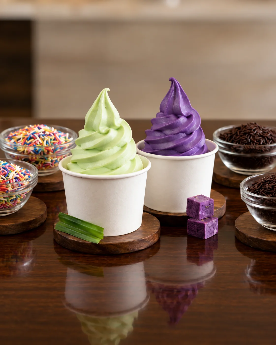 Ube and pandan soft serve in cups