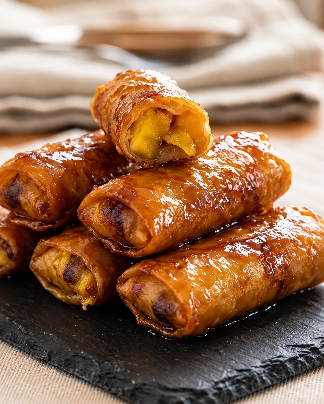 Golden banana spring rolls on a serving tray
