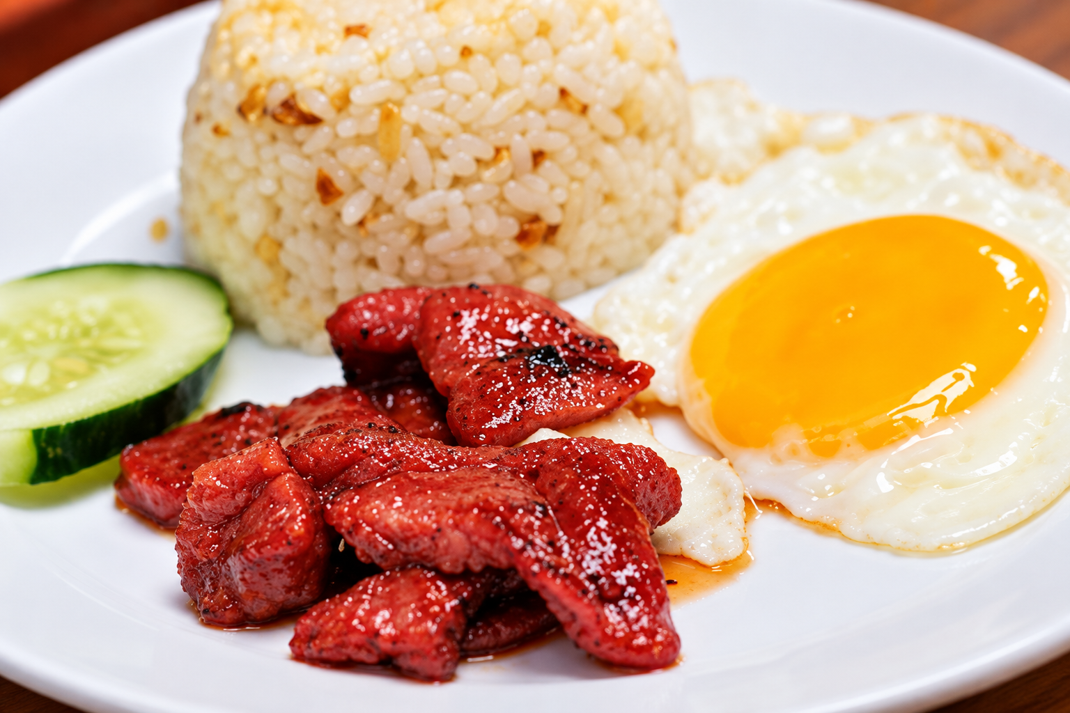 Tosilog with sweet cured pork, garlic rice, fried egg and cucumber